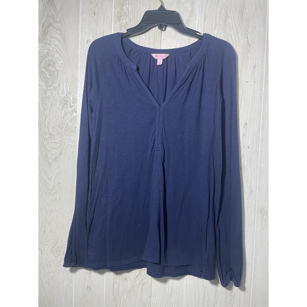 Lilly Pulitzer Lightweight V-Neck Cotton Linen Pullover Sweater Small Navy Blue